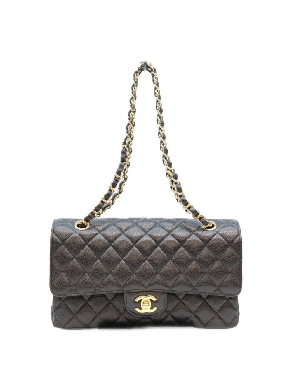 Chanel 19 Black Caviar Gold Quilted 25 Classic Flap Shoulder Bag